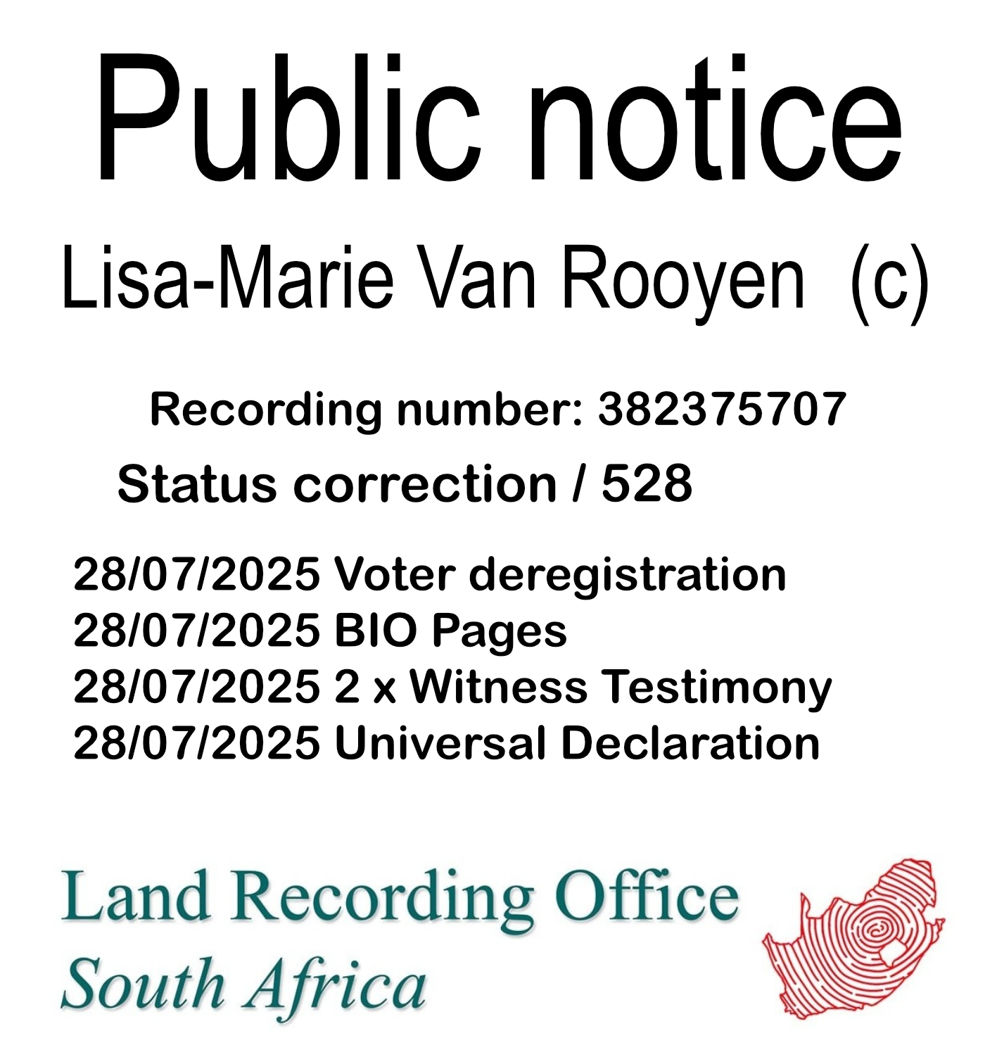 Public notice Lisa-Marie Van Rooyen (c) Recording number 382375707
